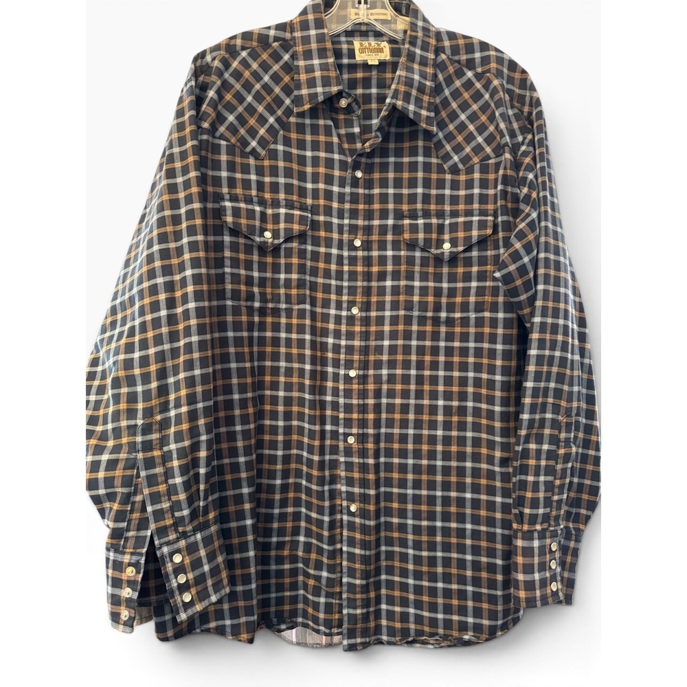 Ely Cattleman Mens XL Western Plaid Pearl Snap Shirt Navy Orange Wrinkle Resist